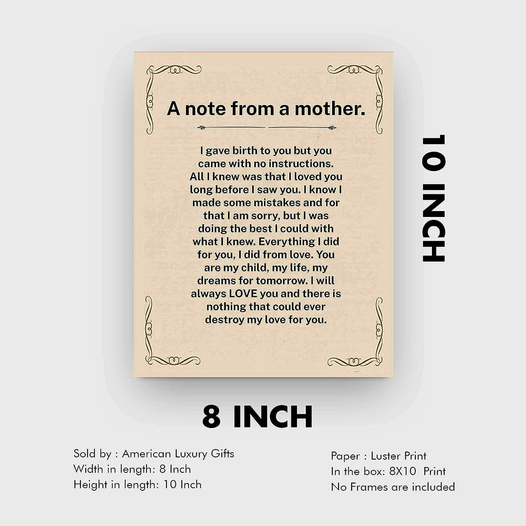 A Note From A Mother Inspirational Wall Art Sign -8x10" Vintage Typographic Poster Print-Ready to Frame. Perfect Loving Decor for Home-Nursery-Office-Clinic. Heartfelt Keepsake for All Moms!