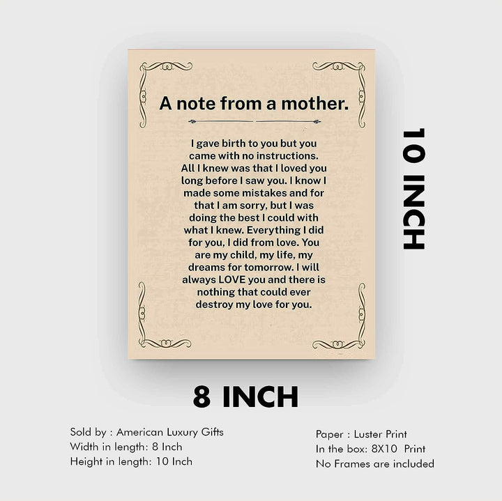 A Note From A Mother Inspirational Wall Art Sign -8x10" Vintage Typographic Poster Print-Ready to Frame. Perfect Loving Decor for Home-Nursery-Office-Clinic. Heartfelt Keepsake for All Moms!