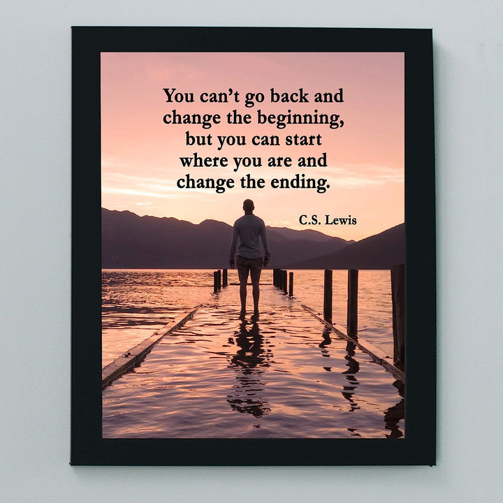 C.S. Lewis Quotes Wall Art-"Start Where You Are &amp; Change the Ending"- 8 x 10" Inspirational Mountain Lake Photo Print-Ready to Frame. Modern Home-Office-School Decor. Great Gift &amp; Life Lesson!