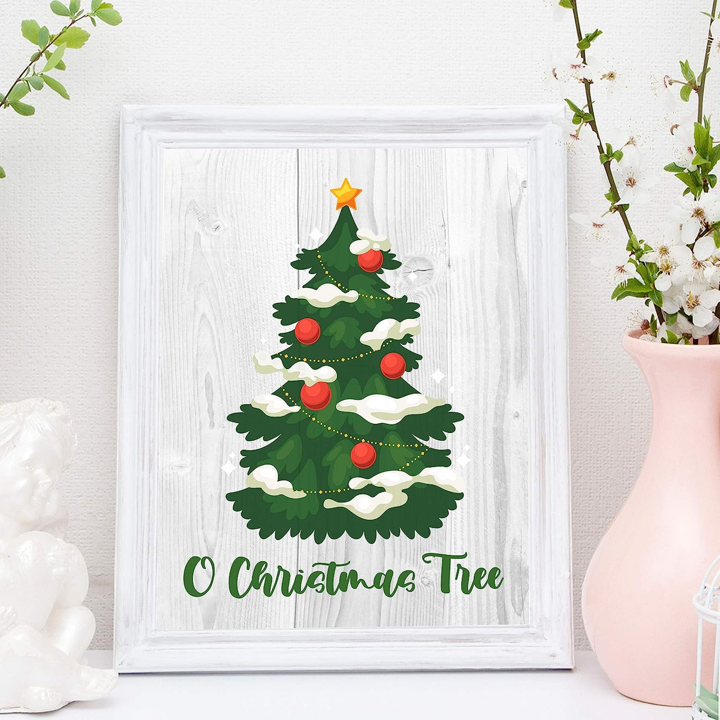 O Christmas Tree Holiday Song Art- Rustic Farmhouse Decor -11 x 14" Christmas Tree Wall Print w/Replica Wood Design-Ready to Frame. Perfect Home-Kitchen-Welcome-Entryway Decor. Printed on Paper.