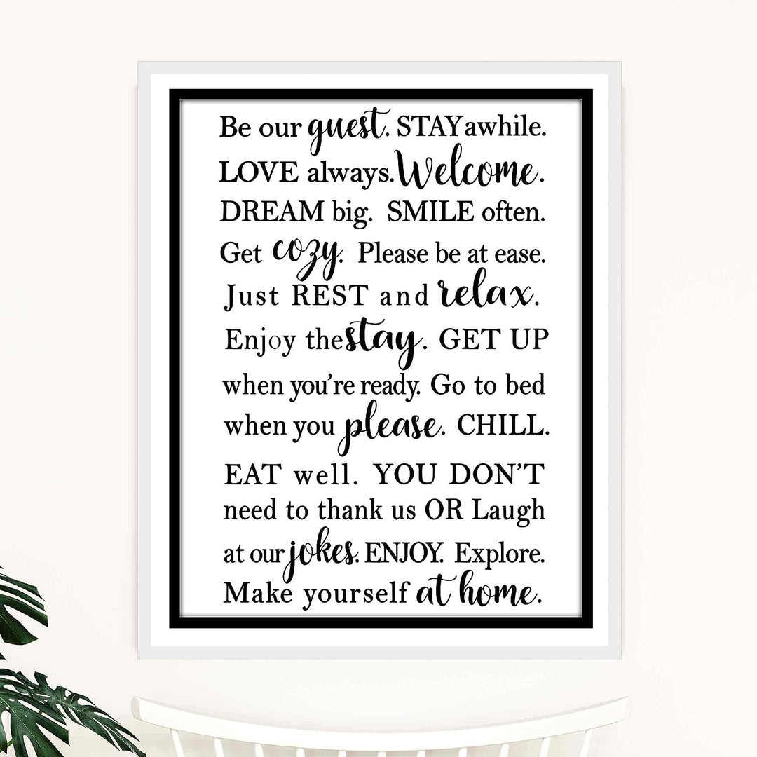 Be Our Guest-Stay Awhile- Welcome Sign Wall Art -11 x 14" Modern Typographic Poster Print-Ready to Frame. Perfect Home-Guest Room-Cabin-B&amp;B-Lake-Beach House Decor. Inviting Message for Guests!