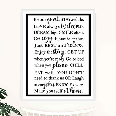 Be Our Guest-Stay Awhile- Welcome Sign Wall Art -11 x 14" Modern Typographic Poster Print-Ready to Frame. Perfect Home-Guest Room-Cabin-B&B-Lake-Beach House Decor. Inviting Message for Guests!