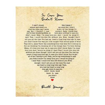 Brett Young-"In Case You Didn't Know"-Song Lyric Wall Art- 8 x 10" Country Music Poster Print with Heart Word Art-Ready to Frame. Home-Office-Farmhouse Decor. Perfect Valentines-Anniversary Gifts!