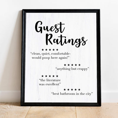 Guest Ratings-Best Bathroom in the City-Funny Bathroom Sign-11 x 14" Modern Wall Art Print w/Replica Wood Design-Ready to Frame. Humorous Decor for Home-Office-Guest Bathroom! Printed on Paper.