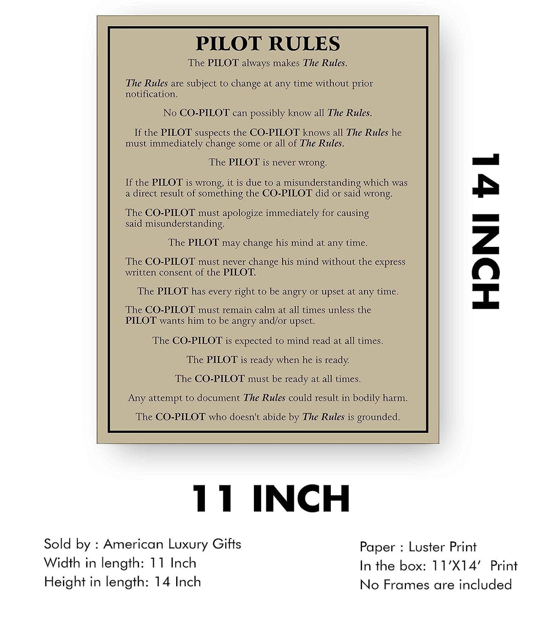 Pilot Rules-Pilot Always Makes The Rules Funny Wall Sign -11 x 14" Typographic Wall Art Print-Ready to Frame. Home-Office-Garage-Cave Decor. Perfect Sign for Plane Hangar! Great Gift for Pilots!