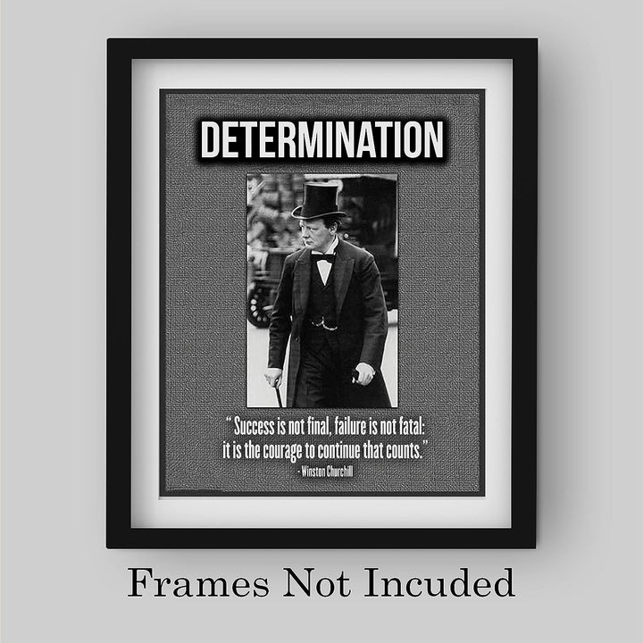 Winston Churchill Quotes-"Determination-Courage to Continue That Counts"-8 x 10" Motivational Portrait Wall Art Print-Ready to Frame. Retro Home-Office-Library Decor. Great Inspirational Gift!