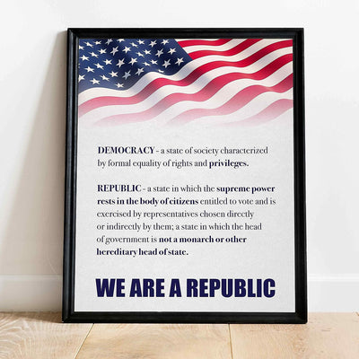 We Are A Republic Patriotic Poster Print -11 x 14" Wall Art Sign-Ready to Frame. Distressed Parchment Replica w/American Flag. Perfect Decor for Home-Office-School-Library. Knowledge on Display!