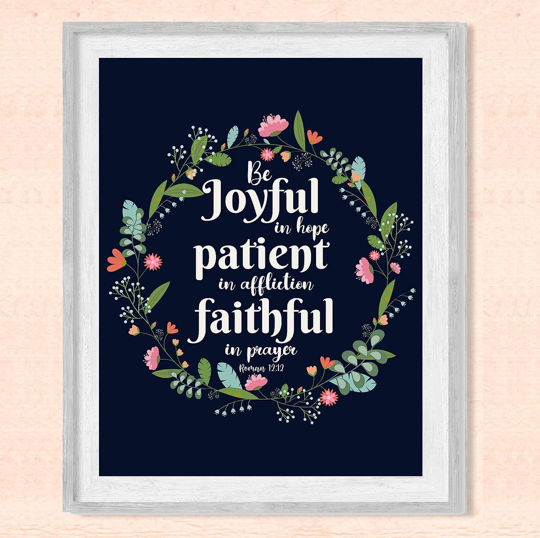 Be Joyful In Hope-Patient-Faithful-Bible Verse Wall Art -8 x 10" Floral Typographic Poster Print-Ready to Frame. Inspirational Christian Decor for Home-Office-Church &amp; Religious Gifts! Romans 12:12