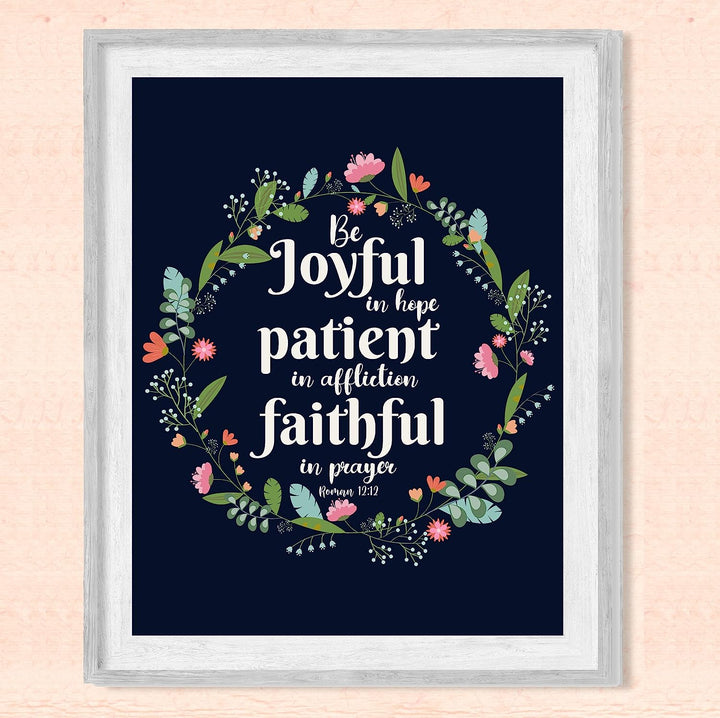 Be Joyful In Hope-Patient-Faithful-Bible Verse Wall Art -8 x 10" Floral Typographic Poster Print-Ready to Frame. Inspirational Christian Decor for Home-Office-Church &amp; Religious Gifts! Romans 12:12