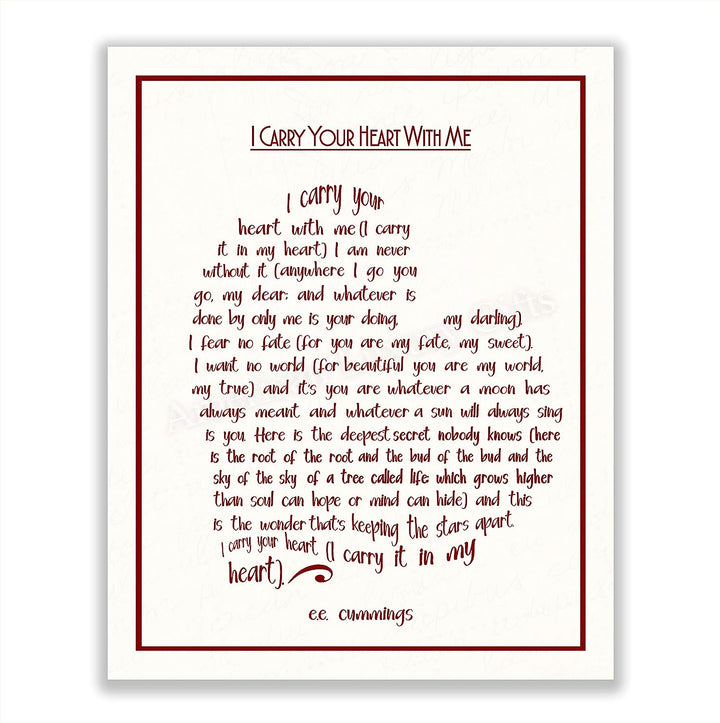 E. E. Cummings-"I Carry Your Heart With Me" Poetry Wall Sign-8 x 10" Heart Shaped Word Art Print-Ready To Frame. Home-Bedroom-Office Decor. Romantic Valentine-Wedding Gift! Great for Poetry Fans!