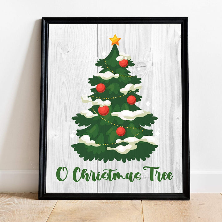 O Christmas Tree Holiday Song Art- Rustic Farmhouse Decor -11 x 14" Christmas Tree Wall Print w/Replica Wood Design-Ready to Frame. Perfect Home-Kitchen-Welcome-Entryway Decor. Printed on Paper.