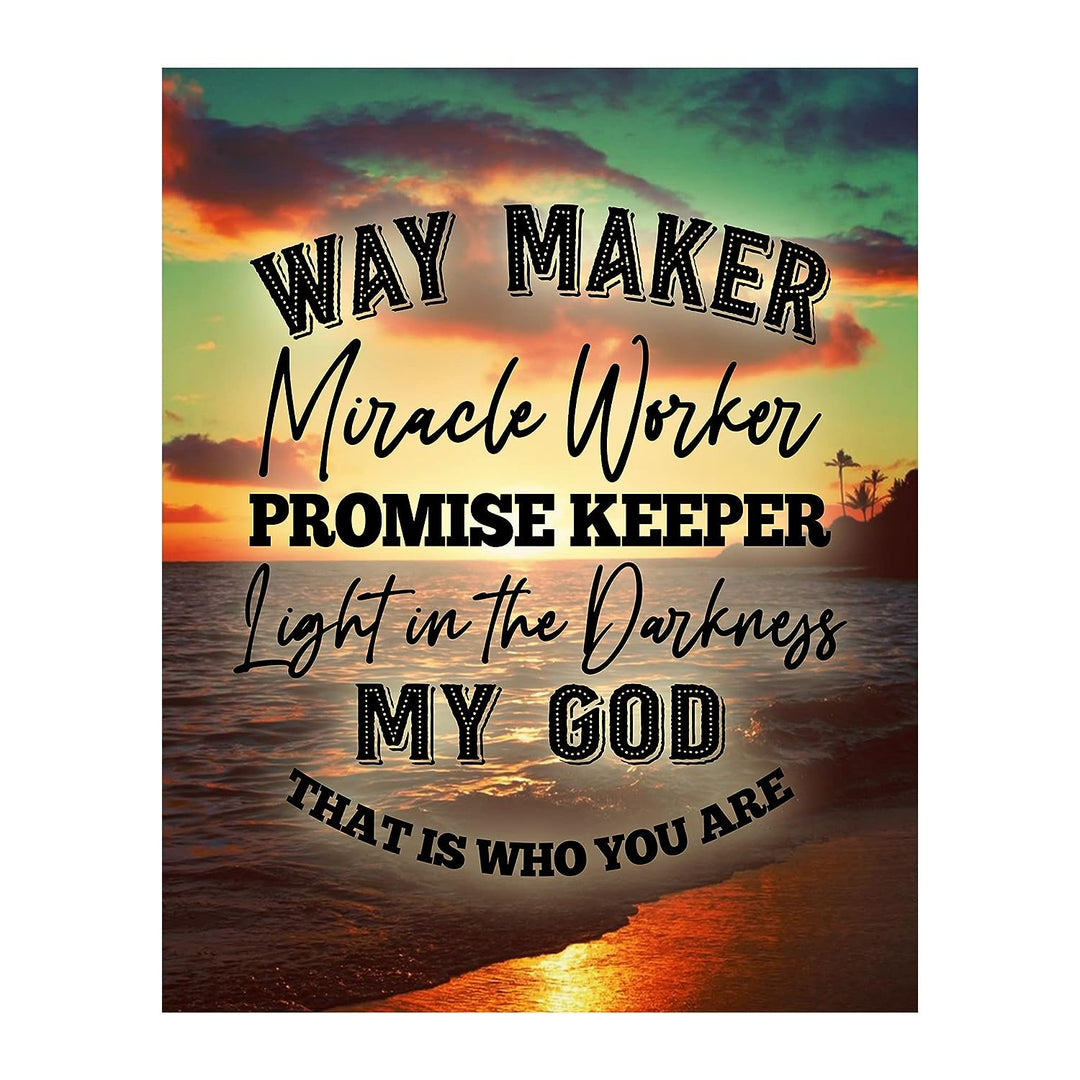 Way Maker, Miracle Worker-Light in the Darkness Christian Song Lyrics Wall Art -8 x 10" Spiritual Beach Sunset Print-Ready to Frame. Home-Office-Studio Decor. Perfect Gift for Christian Music Fans!