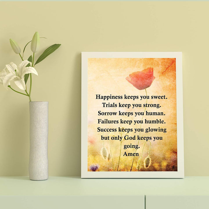 Happiness Keeps You Sweet-Only God Keeps You Going Inspirational Quotes Wall Art -8 x 10" Floral Christian Print-Ready to Frame. Home-Office-Sunday School-Church Decor. Great Gift of Faith!