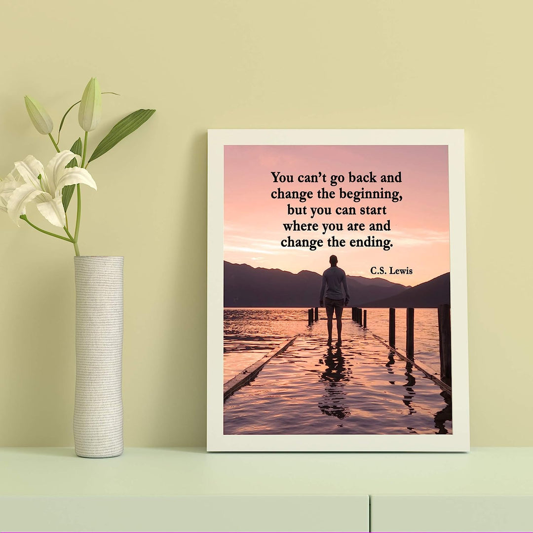 C.S. Lewis Quotes Wall Art-"Start Where You Are &amp; Change the Ending"- 8 x 10" Inspirational Mountain Lake Photo Print-Ready to Frame. Modern Home-Office-School Decor. Great Gift &amp; Life Lesson!