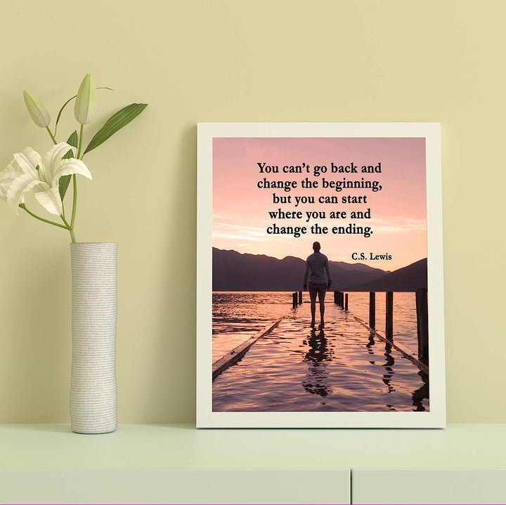 C.S. Lewis Quotes Wall Art-"Start Where You Are &amp; Change the Ending"- 8 x 10" Inspirational Mountain Lake Photo Print-Ready to Frame. Modern Home-Office-School Decor. Great Gift &amp; Life Lesson!