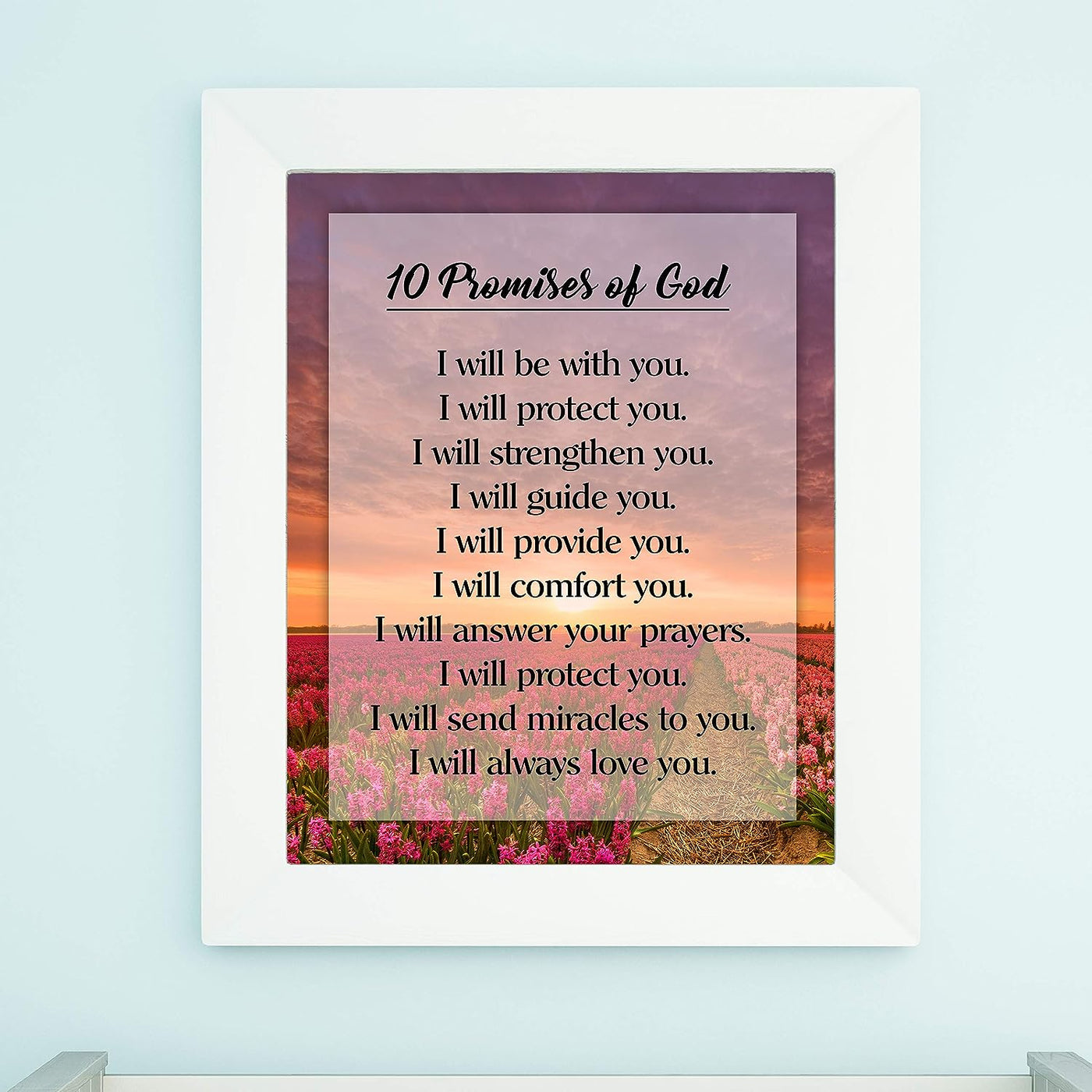 10 Promises of God Motivational Christian Wall Art -11 x 14" Floral Sunrise Print-Ready to Frame. Typographic Design. Inspirational Home-Office-Church-School Decor. Great Religious Gift of Faith!