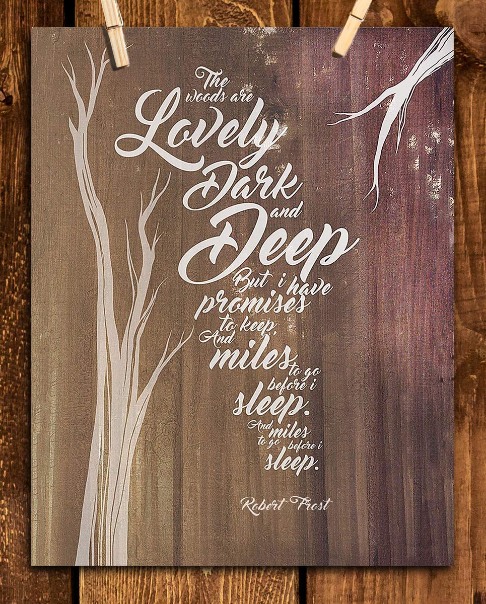 The Woods are Lovely, Dark &amp; Deep-Poetic Wall Art Print-8 x 10" Wall Decor-Ready to Frame. Poem Print by Robert Frost. Tree Designs w/Distress Wood Background. Rustic Home-Office Decor. Artsy Flair