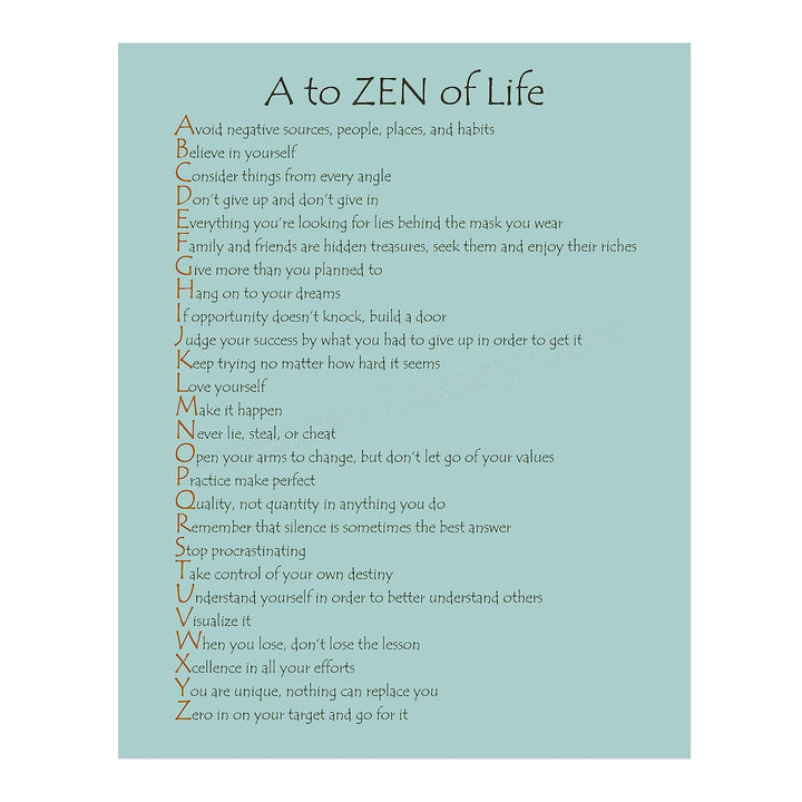 A to Zen of Life Spiritual Wall Art Sign-11 x 14" Inspirational Typographic Poster Print-Ready to Frame. Positive Decor for Home-Office-Spa-Yoga-Meditation. Great Motivational Gift for Mindfulness!