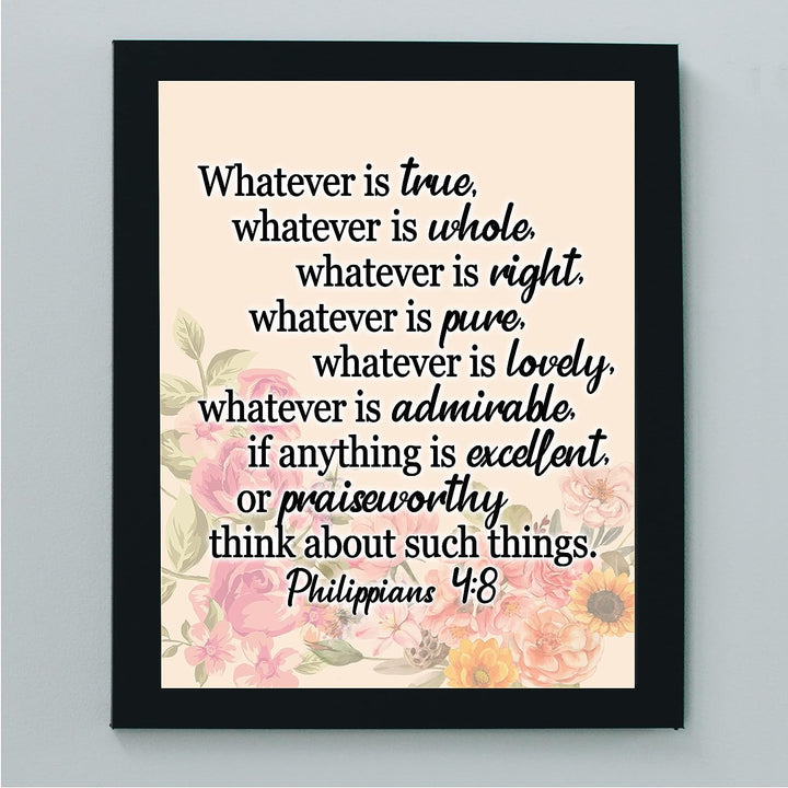 Whatever is Pure-Think About Such Things-Philippians 4:8- Bible Verse Wall Art- 8x10"- Floral Scripture Wall Print-Ready to Frame. Inspirational Home-Office-Church Decor. Perfect Christian Gift!