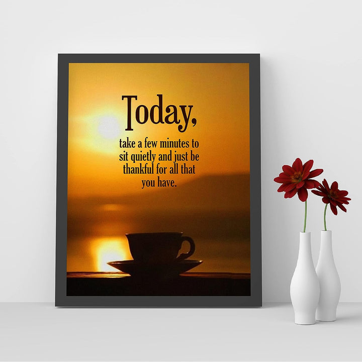 Today-Take a Few Minutes to Be Thankful Inspirational Christian Wall Sign -8 x 10" Sunset Print w/Coffee Mug Image- Ready to Frame. Motivational Decor for Home-Office-School-Work. Great Advice!