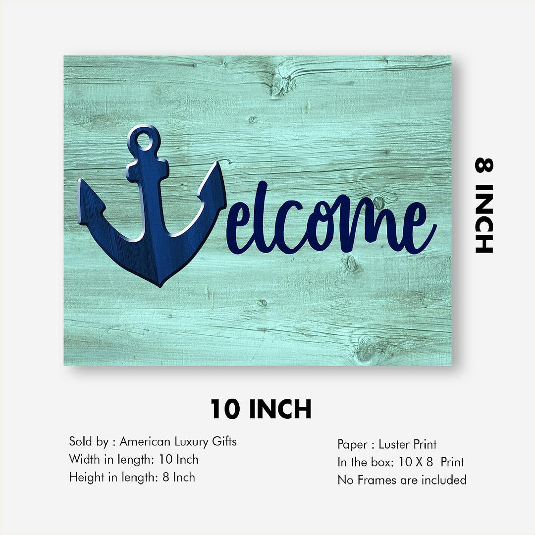 Welcome Rustic Beach Wall Sign -10 x 8" Ocean Themed Anchor Print w/Replica Wood Design-Ready to Frame. Fun Vacation Decor for Home-Cabin-Beach House. Great Nautical Gift! Printed on Photo Paper.