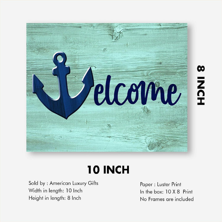 Welcome Rustic Beach Wall Sign -10 x 8" Ocean Themed Anchor Print w/Replica Wood Design-Ready to Frame. Fun Vacation Decor for Home-Cabin-Beach House. Great Nautical Gift! Printed on Photo Paper.
