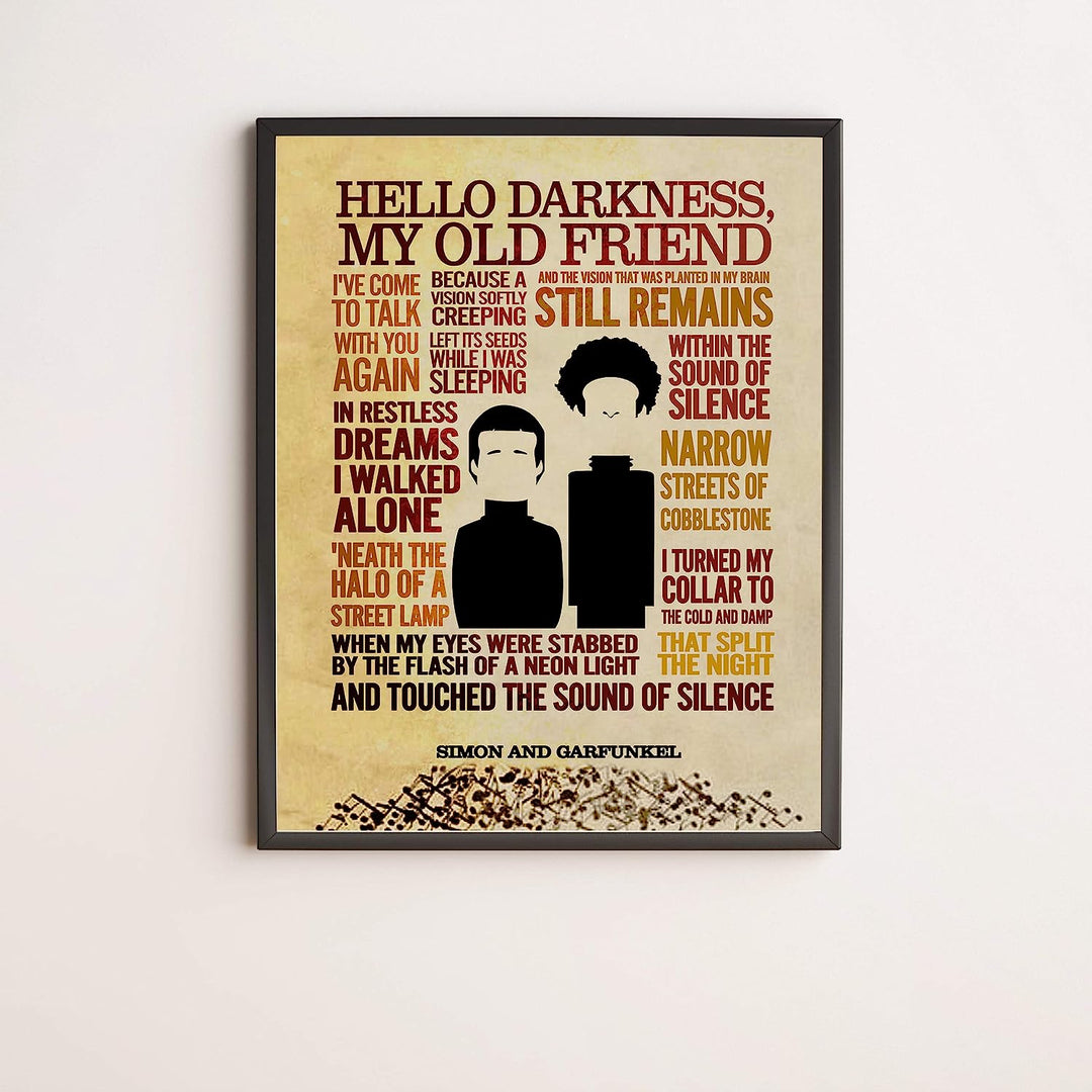 Simon &amp; Garfunkel-"The Sound of Silence"-Song Lyric Wall Art Sign -11 x 14" Distressed Typographic Music Print-Ready to Frame. Home-Studio-Bar-Man Cave Decor. Perfect for All Folk Rock Music Fans!