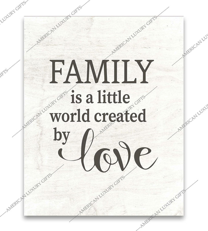 Family Is A Little World Created By Love Inspirational Wall Sign -8 x 10" Rustic Typographic Art Print w/Replica Wood Design-Ready to Frame. Loving Decor for Home-Office-Farmhouse. Great Gift!