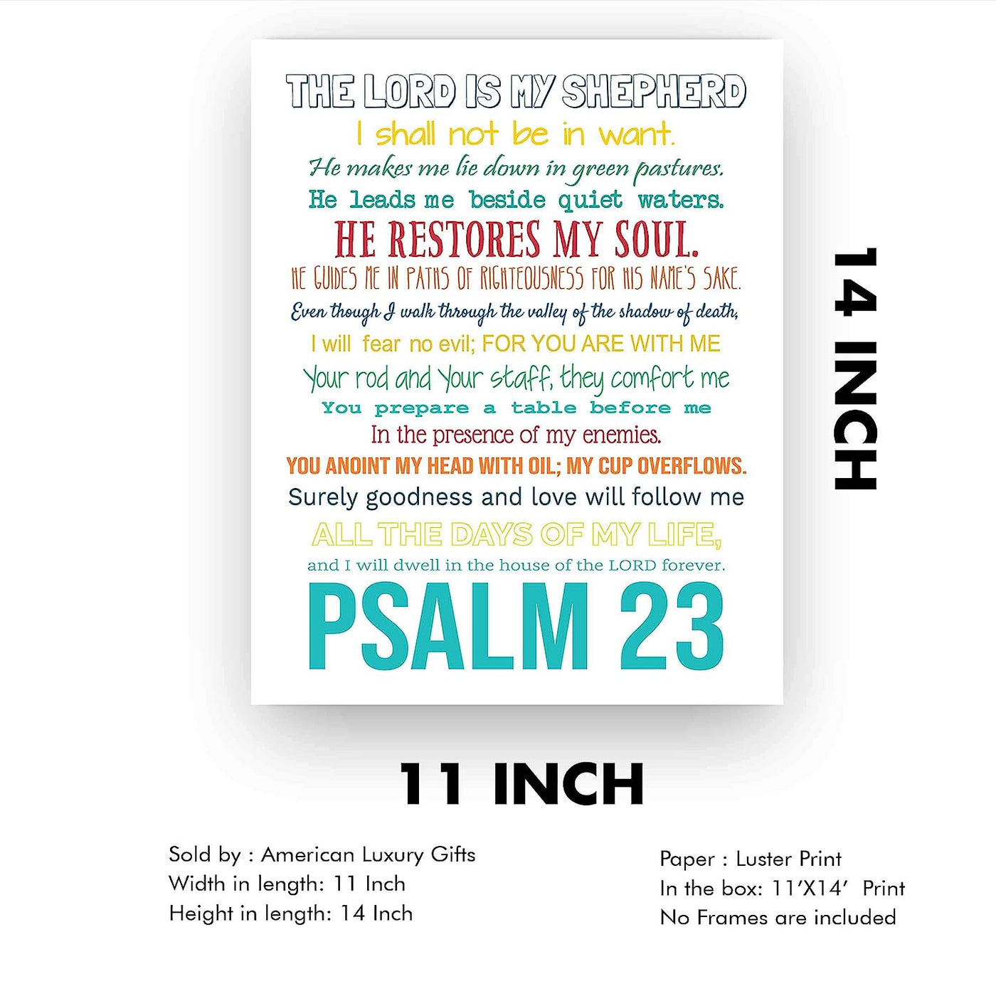 Psalm 23-The Lord Is My Shepherd Bible Verse Wall Art -11 x 14" Inspirational Scripture Wall Print- Ready to Frame. Religious Home-Office-Sunday School-Church Decor. Great Christian Gift of Faith!