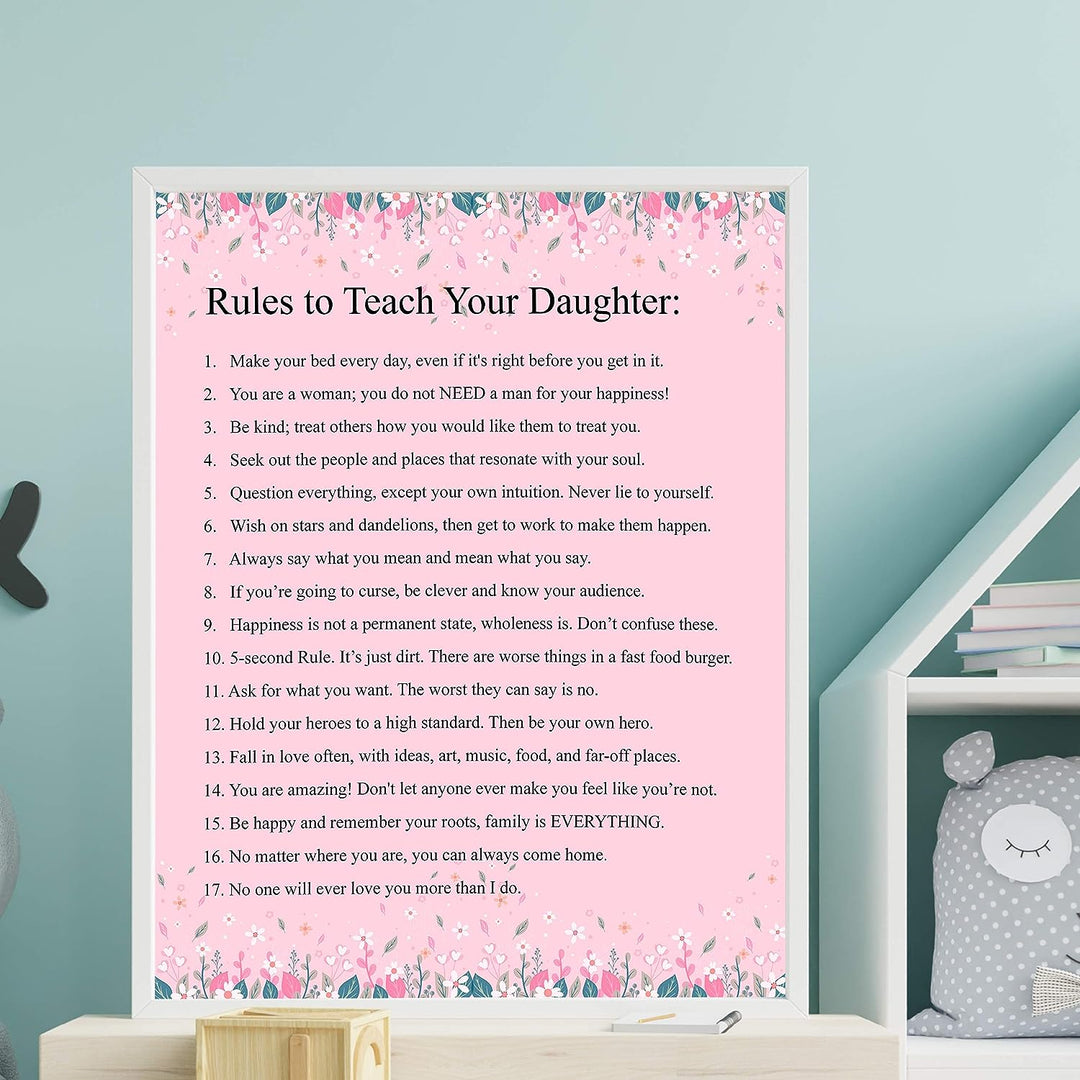 Rules to Teach Your Daughter Inspirational Quotes Art Print -11 x 14" Floral Typographic Wall Decor-Ready to Frame. Inspiring Advice for All Daughters! Great Keepsake Gift for All Occasions!