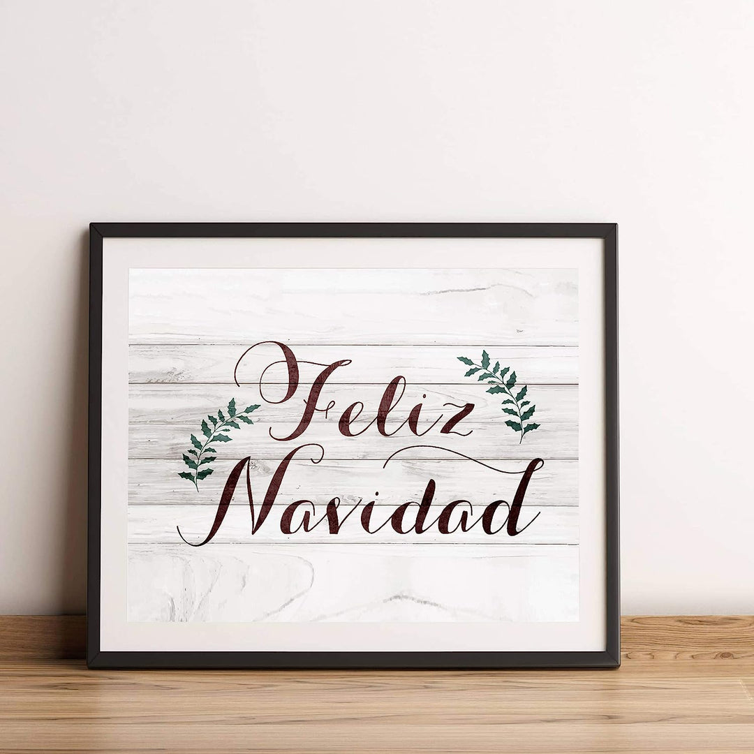 Feliz Navidad Rustic Holiday Sign -14 x 11" Festive Merry Christmas Wall Art Print w/Replica Wood Design-Ready to Frame. Typographic Home-Kitchen-Farmhouse-Welcome Decor. Printed on Paper.