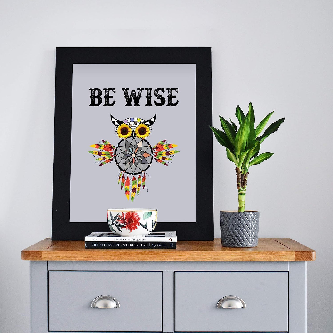 ?Be Wise?-Motivational Quotes Wall Art -8 x 10" Modern Poster Print with Owl Shaped Dream Catcher Image-Ready to Frame. Spiritual Decor for Home-Bedroom-Office-Studio Decor. Great Inspirational Gift!