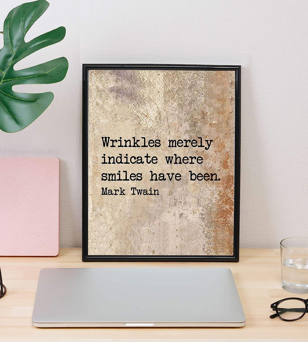 Mark Twain Quotes Wall Art-"Wrinkles Indicate Where Smiles Have Been" 8 x 10" Typographic Portrait Print-Ready to Frame. Retro Antique-Distressed Home-Office-Cave-Bar Decor. Perfect Gift &amp; Decoration.