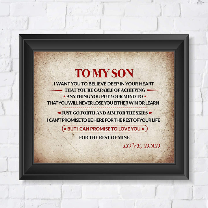To My Son-Love Dad Inspirational Family Wall Art -10x8" Modern Typographic Print w/Distressed Parchment Design-Ready to Frame. Loving Message From Father to Son. Perfect Wedding-Graduation Gift!