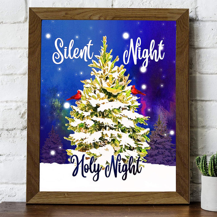 Silent Night-Holy Night Christmas Song Wall Art-8x10" Modern Holiday Music Print w/Cardinals in Tree-Ready to Frame. Home-Kitchen-Farmhouse-Winter Decor. Perfect Welcome Sign! Great Christian Gift!