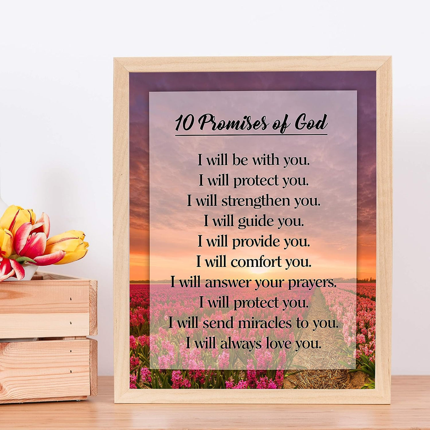 10 Promises of God Motivational Christian Wall Art -11 x 14" Floral Sunrise Print-Ready to Frame. Typographic Design. Inspirational Home-Office-Church-School Decor. Great Religious Gift of Faith!