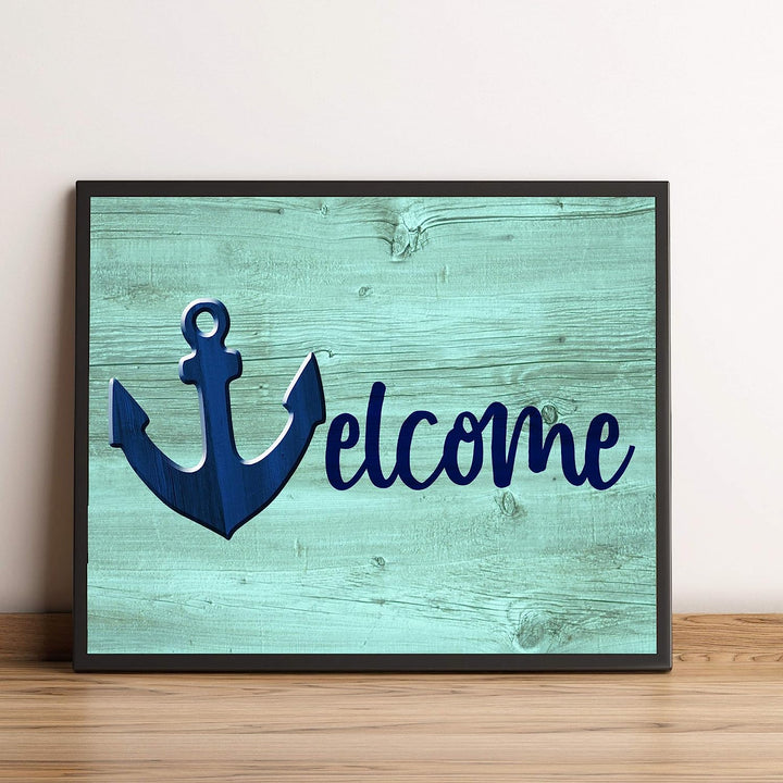 Welcome Rustic Beach Wall Sign -10 x 8" Ocean Themed Anchor Print w/Replica Wood Design-Ready to Frame. Fun Vacation Decor for Home-Cabin-Beach House. Great Nautical Gift! Printed on Photo Paper.