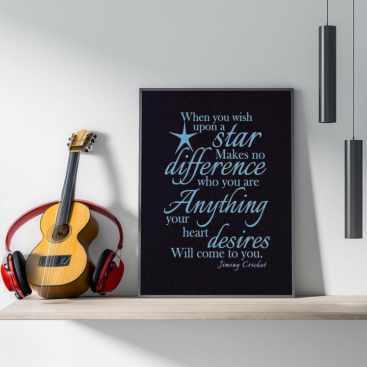 When You Wish Upon a Star -Jiminy Cricket Quotes- Wall Art Decor -8 x 10"-Ready to Frame. Typographic Art Print w/Wood-Grain Design. Inspirational Decor for Home-Office-Studio-Nursery-School.