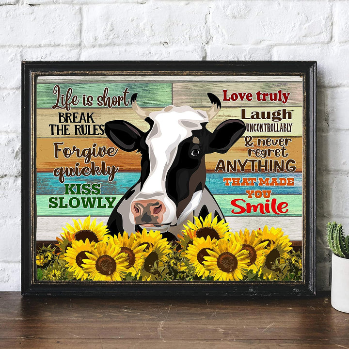 Life Is Short-Break the Rules-Inspirational Cow Wall Art-14 x 11" Rustic Farmhouse Print w/Wood Design &amp; Sunflower Images-Ready to Frame. Country Decor for Home-Dining Room. Printed on Photo Paper.