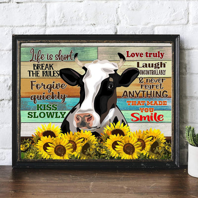 Life Is Short-Break the Rules-Inspirational Cow Wall Art-14 x 11" Rustic Farmhouse Print w/Wood Design & Sunflower Images-Ready to Frame. Country Decor for Home-Dining Room. Printed on Photo Paper.