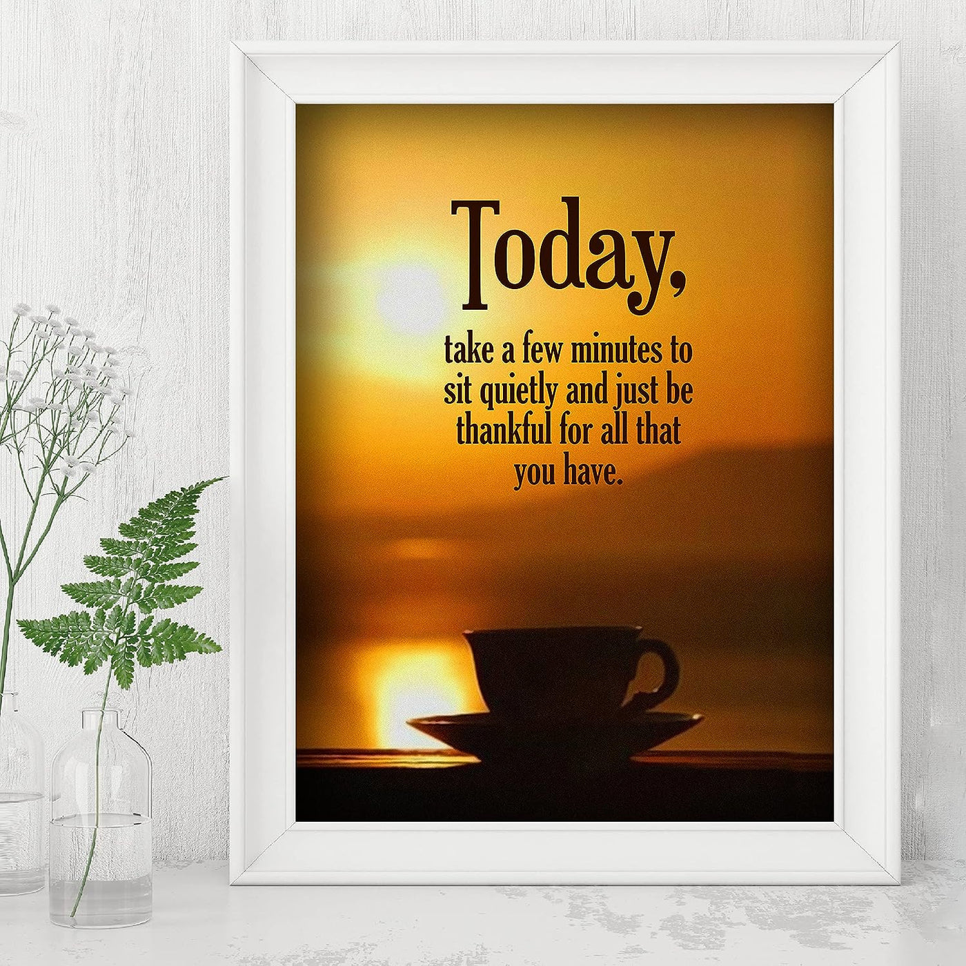 Today-Take a Few Minutes to Be Thankful Inspirational Christian Wall Sign -8 x 10" Sunset Print w/Coffee Mug Image- Ready to Frame. Motivational Decor for Home-Office-School-Work. Great Advice!