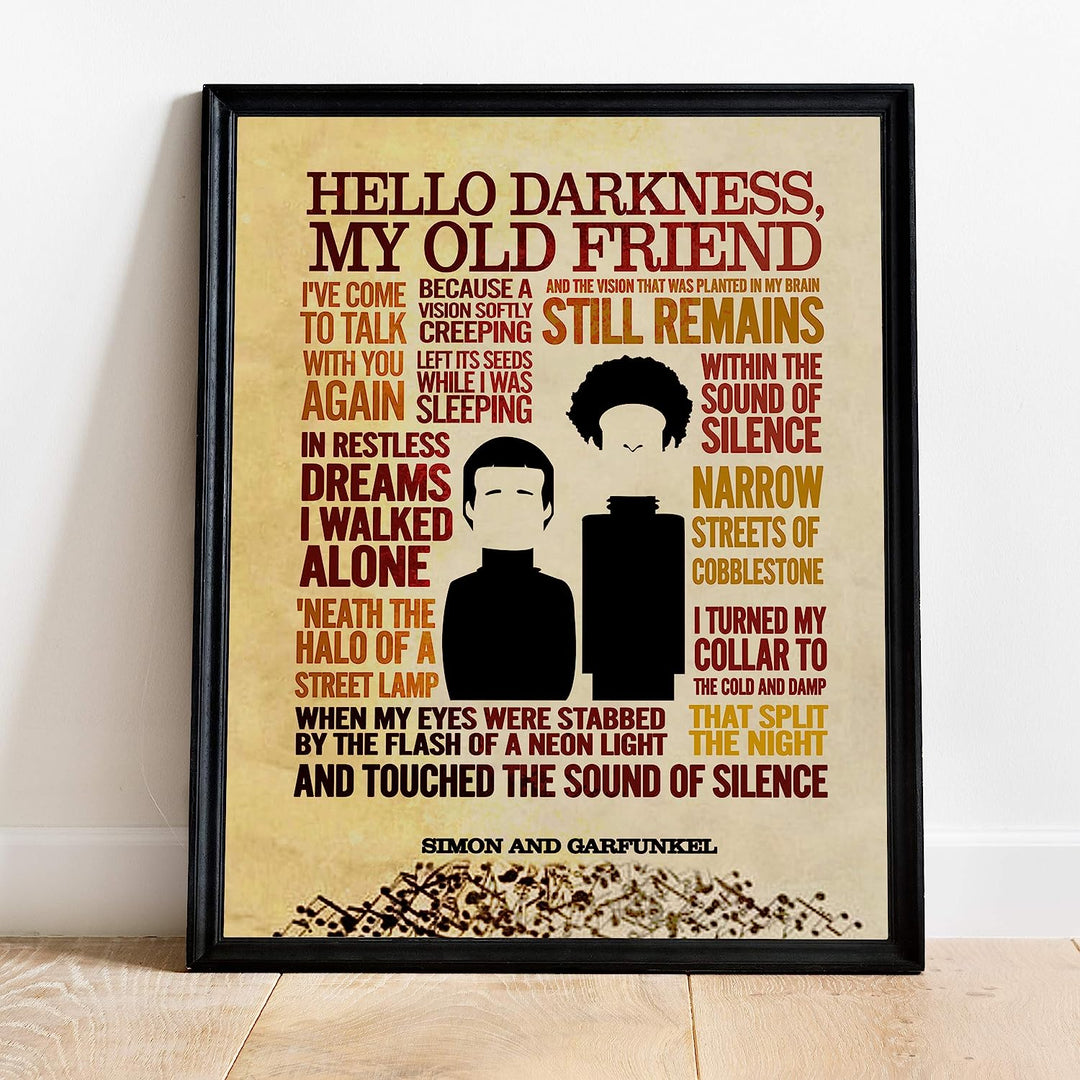 Simon &amp; Garfunkel-"The Sound of Silence"-Song Lyric Wall Art Sign -11 x 14" Distressed Typographic Music Print-Ready to Frame. Home-Studio-Bar-Man Cave Decor. Perfect for All Folk Rock Music Fans!