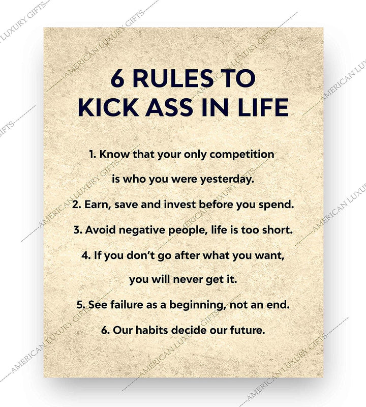 Six Rules to Kick Ass in Life-Inspirational Wall Art-8 x 10" Fierce Motivational Poster Print-Ready to Frame. Home-Office-Studio-Dorm Decor. Perfect Desk &amp; Cubicle Sign. Great Gift of Motivation!