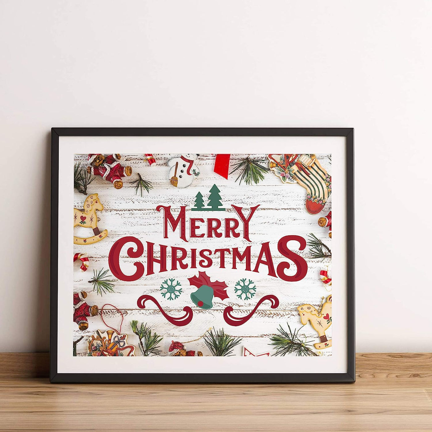 Merry Christmas Rustic Holiday Sign -14 x 11" Festive Christmas Wall Art Print w/Replica Wood Design-Ready to Frame. Typographic Home-Kitchen-Farmhouse-Welcome Decor. Great Gift! Printed on Paper.