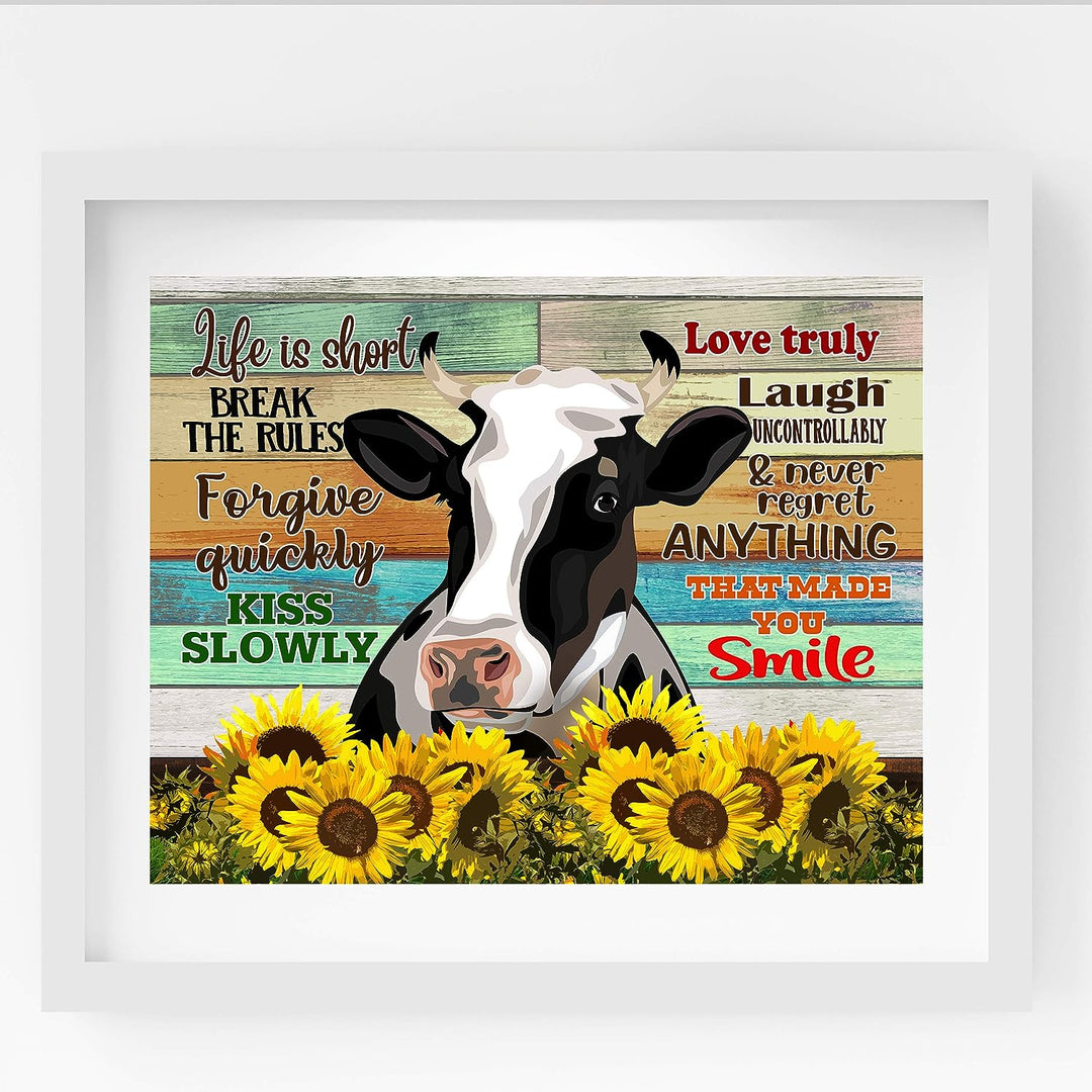 Life Is Short-Break the Rules-Inspirational Cow Wall Art-14 x 11" Rustic Farmhouse Print w/Wood Design &amp; Sunflower Images-Ready to Frame. Country Decor for Home-Dining Room. Printed on Photo Paper.