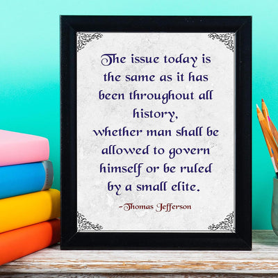 Thomas Jefferson-"Man Shall Govern Himself Or Be Ruled By Small Elite"-Presidential Quotes Wall Art-8x10" Typographic History Print-Ready to Frame. Patriotic Home-Office-Bar-Cave-Library Decor!