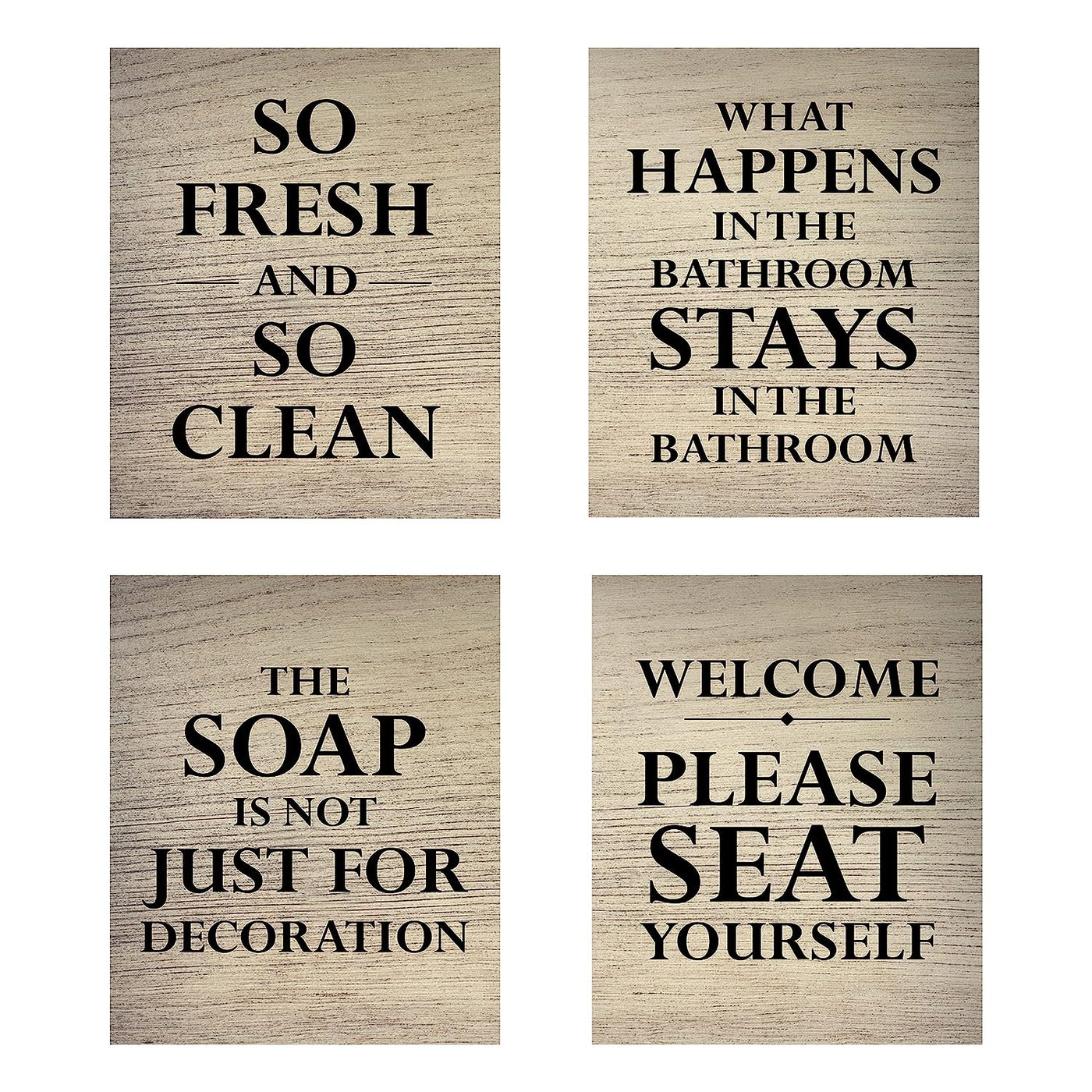 So Fresh So Clean Funny Bathroom Decor-Set of (4)-8 x 10" Wall Prints-Ready to Frame. Humorous Signs-"Welcome-Please Seat Yourself"-"Soap Not Just For Decoration" Fun Home-Guest Bathroom Decor!