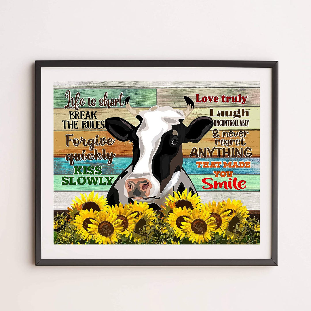 Life Is Short-Break the Rules-Inspirational Cow Wall Art-14 x 11" Rustic Farmhouse Print w/Wood Design &amp; Sunflower Images-Ready to Frame. Country Decor for Home-Dining Room. Printed on Photo Paper.