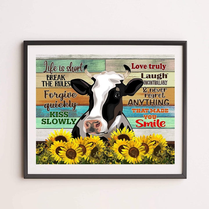 Life Is Short-Break the Rules-Inspirational Cow Wall Art-14 x 11" Rustic Farmhouse Print w/Wood Design &amp; Sunflower Images-Ready to Frame. Country Decor for Home-Dining Room. Printed on Photo Paper.