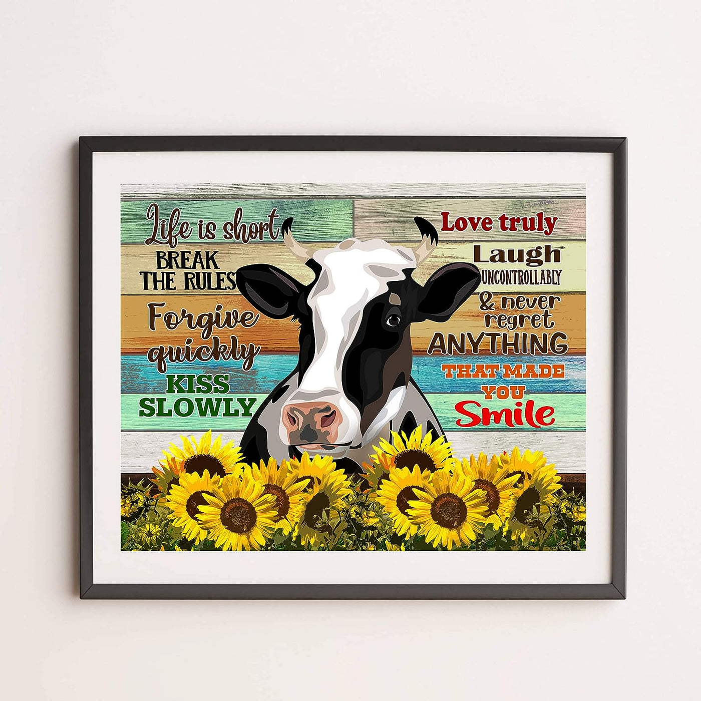 Life Is Short-Break the Rules-Inspirational Cow Wall Art-14 x 11" Rustic Farmhouse Print w/Wood Design & Sunflower Images-Ready to Frame. Country Decor for Home-Dining Room. Printed on Photo Paper.